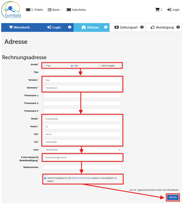 Angabe von Adressdaten