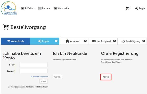 Klicken Sie auf das Feld Zur Kasse gehen
